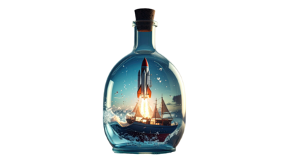 Surreal, vibrant artwork A rocket launch inside a bottle on a ship in the sea at dawn