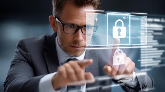 Cybersecurity Expertise: A focused professional, clad in a crisp suit and stylish glasses, demonstrates masterful command over cutting-edge technology.