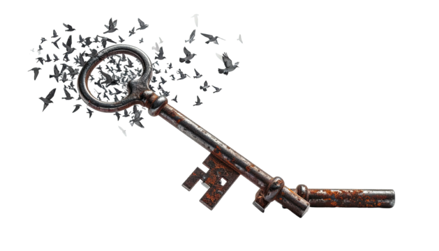 An aged, ornate iron key with rust, fading into a cloud of shadowy birds on a black backdrop