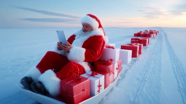 A joyful figure clad in a classic red and white outfit, joyfully engaging with a tablet while being pulled on a sled loaded with colorful holiday gifts across a serene snowy landscape.