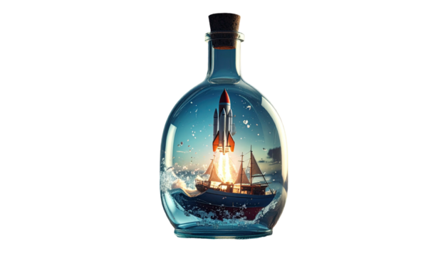 Surreal, vibrant artwork A rocket launch inside a bottle on a ship in the sea at dawn