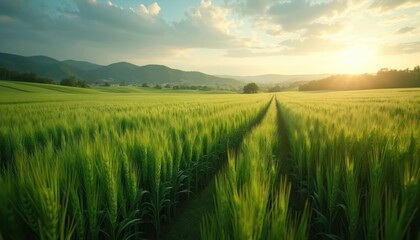Obraz premium Green wheat field stretches toward horizon under warm sunlight. A path divides the crop leading to rolling hills and distant trees. Clear sky with light clouds.