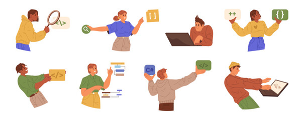 Programmers showing code blocks with different symbol. Vector software engineers developing programs. Web coding and data analysis, digital design and application development in technology workspace