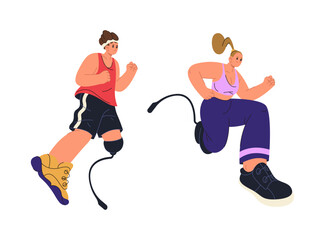 Obraz premium Disabled man runner with artificial limbs jogging. Vector in flat style, male athlete with prosthesis legs running at marathon race. Male and female personages leading active lifestyle