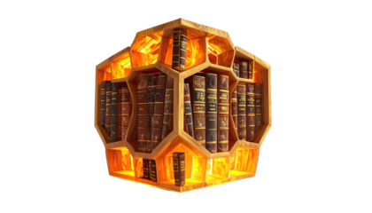 Artistic depiction of a hexagonal bookshelf illuminated with golden light, filled with aged books