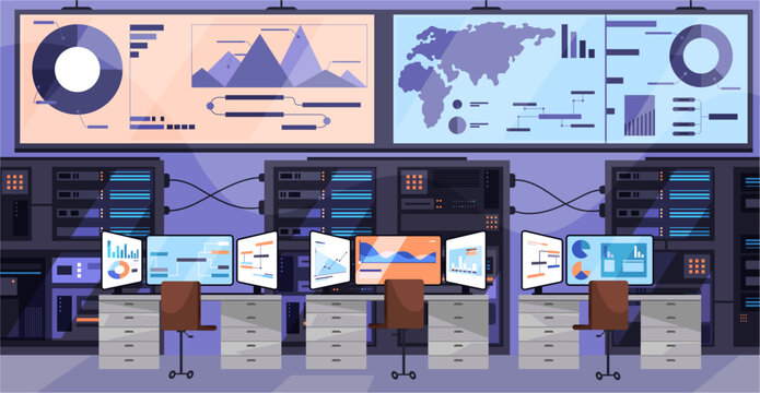 Hightech control room with digital screens and futuristic interfaces. Vector monitors display charts, graphs and analytical dashboards. Data visualization, system and technological supervision