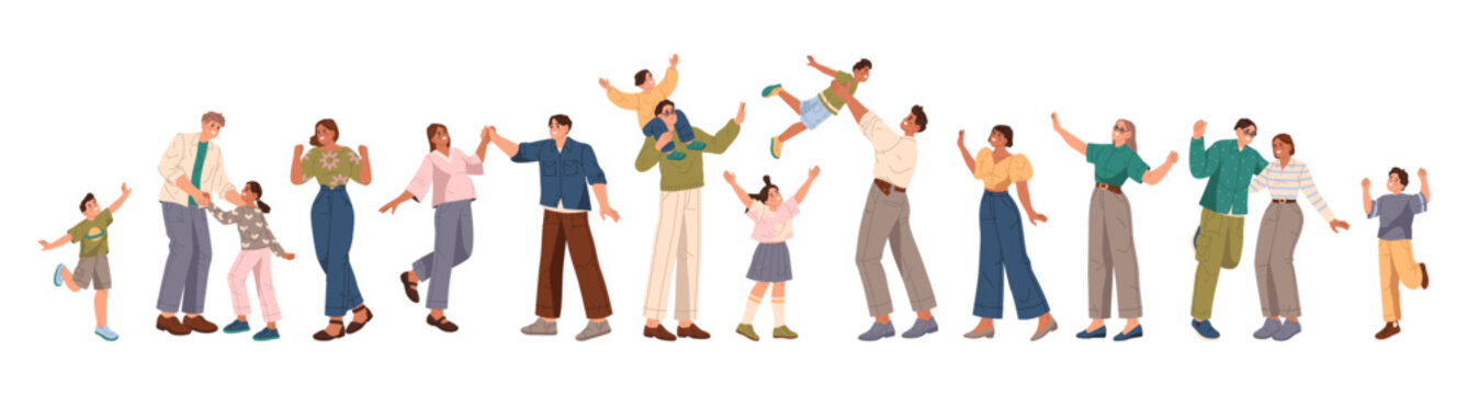 Happy families having fun and bonding together. Vector isolated parents and kids dancing and celebrating good news. Set of people, children and adults with glad faces, happiness and celebration