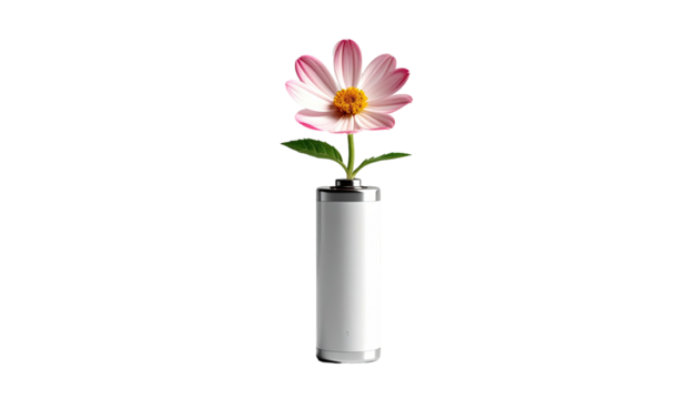 A flower blooms atop a battery, symbolizing energy and growth - Powered by Adobe