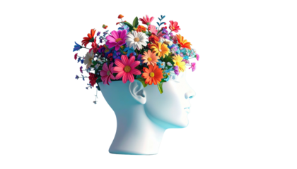A white head profile blooming with vibrant, multi-colored flowers. Flowers burst forth from the crown