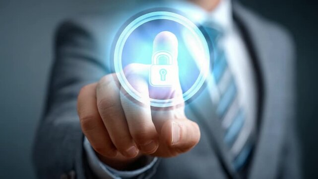 Cybersecurity: A professional's finger hovers over a glowing digital lock symbol, representing the importance of data protection and privacy in a digital world. 