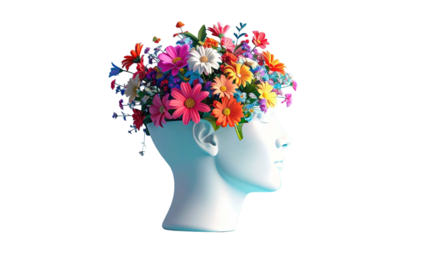 A white head profile blooming with vibrant, multi-colored flowers. Flowers burst forth from the crown
