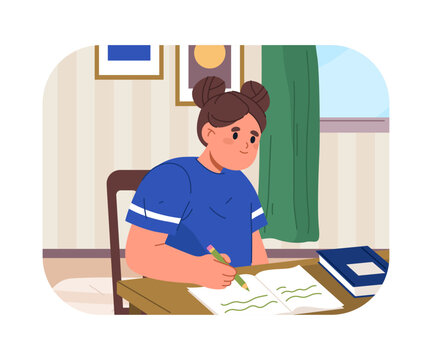 Studying kid girl writing in textbook, preparing for lessons and doing homework. Vector in flat style, schoolgirl or student, responsible child daily routine and chores, tasks and everyday habits