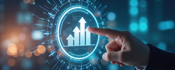 Hand touches tech screen with rising arrows. Concept shows investment growth. Business progress with financial chart in digital display. Icon represents success, development, profit. Background urban