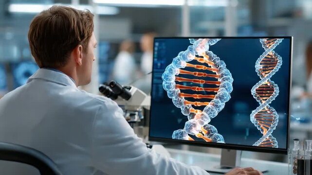 Geneticist at work: A scientist, dedicated to unraveling the intricacies of the human genome, intently studies a DNA double helix on a monitor, reflecting the marvels of science and discovery.