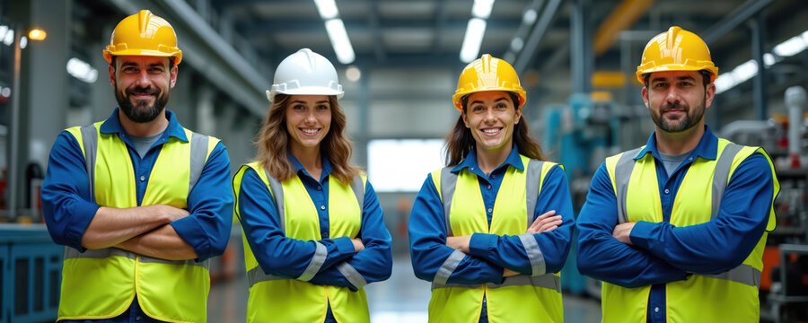 Team of happy industrial workers wear hard hats, safety vests in factory. Group of diverse male, female engineers smile with arms crossed. Confident professionals pose for group portrait at - Powered by Adobe