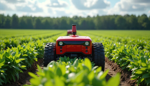 Red autonomous tractor operates in green farm field, monitoring crop growth. Modern agricultural machine uses sensors for precision farming, optimizing plant care. Future farming technology advances