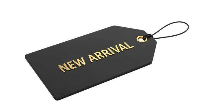 Black new arrival retail product tag with golden text