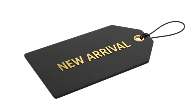 Black new arrival retail product tag with golden text