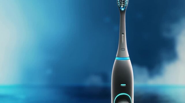 An electric toothbrush under running water symbolises hygiene and oral care. Suitable for articles on health, cosmetology, daily habits and personal care.
