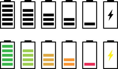 Battery charge level indicators showing full to empty states