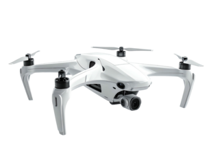 A white, modern drone with four arms and a camera, isolated against a black background