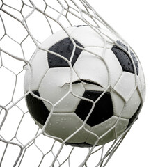 Naklejka premium 3d soccer ball in net isolated on transparent background