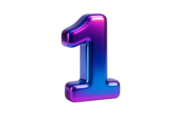A bold, bubble-style number 1 with a pink and blue gradient, an isolated graphic element signifying victory and success