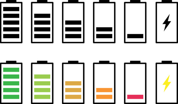 Battery charge level indicators showing full to empty states