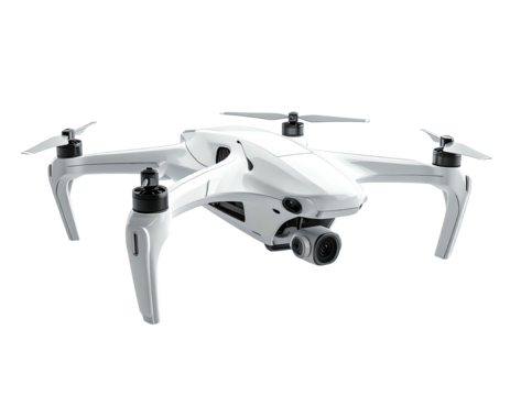 A white, modern drone with four arms and a camera, isolated against a black background