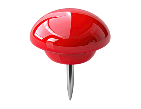 A shiny, rendered red pushpin with a sharp, silver needle, isolated on black