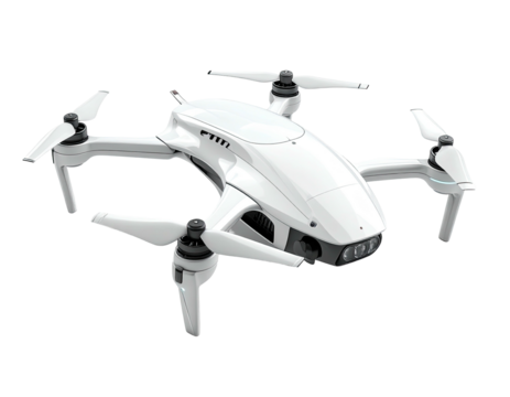 Modern white drone, with four propellers, isolated against a black backdrop, angled view
