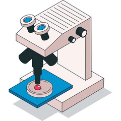 Isometric Illustration of a Microscope with a Red Sample on a Petri Dish Against a Transparent Background Scientific Research and Discovery Concept