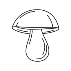 Line drawing of a mushroom with a round cap and a stem shaped like a teardrop