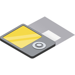 Isometric illustration of a portable music player with a yellow screen and a gray body casting a shadow on a light gray surface