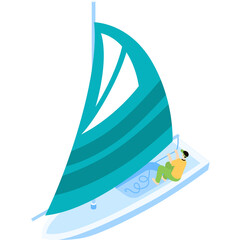 Isometric illustration of a person on a sailboat with a large teal sail navigating on a light blue body of water with transparent background