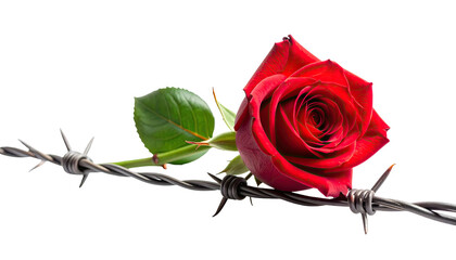 A red rose blooms, its beauty juxtaposed against a strand of menacing barbed wire
