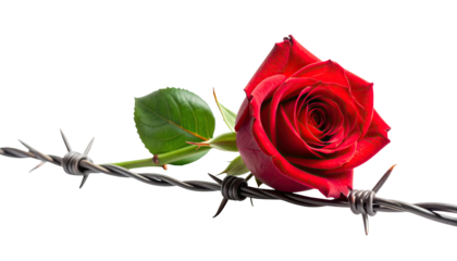 A red rose blooms, its beauty juxtaposed against a strand of menacing barbed wire