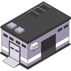 Isometric illustration of a light purple industrial building with a dark gray roof and a large roll-up door in a simplified graphic design style.