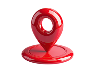 Glossy, red, 3D rendered location pin icon on a black backdrop