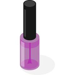 Isometric illustration of a purple nail polish bottle with a black cap and applicator brush casting a subtle shadow on a transparent background
