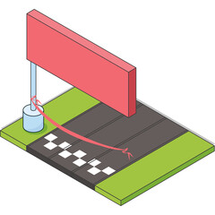 Isometric illustration of a red blank billboard sign on a pole beside a race track finish line with green grass on the sides and a gray asphalt road.