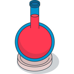Isometric illustration of a round laboratory flask filled with red liquid resting on a stand with a blue rim and transparent background