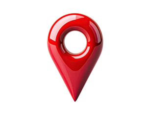 A glossy 3D red location pin icon on a stark black background, showcasing visual clarity