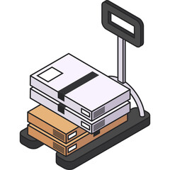 Isometric illustration of a weighing scale with stacked cardboard boxes and packages on a transparent background representing logistics and shipping measurement