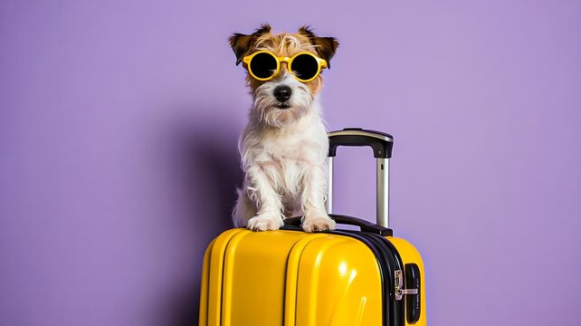 Cute dog wearing yellow sunglasses sitting on suitcase ready for vacation against purple background
