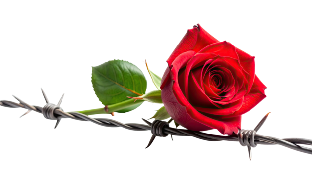 A red rose blooms, its beauty juxtaposed against a strand of menacing barbed wire