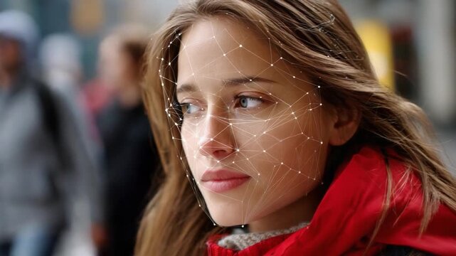 Tech-Enhanced Beauty: Portrait of a woman, face delicately outlined by a network of lines, merging technology and natural features in a stunning visual.