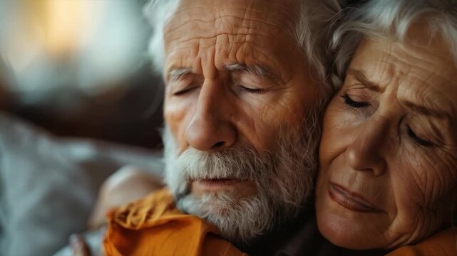 An elderly couple embraces, conveying warmth and care for each other. Perfectly highlights themes of love in mature age, family traditions, relationship psychology, and articles on longevity.
