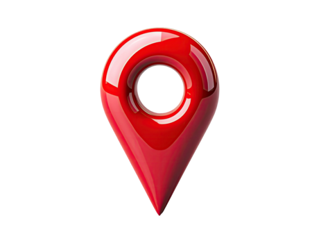 A glossy 3D red location pin icon on a stark black background, showcasing visual clarity