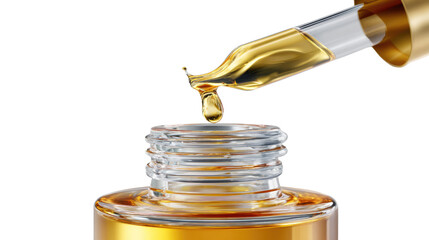 Golden Elixir: A macro shot captures the delicate dance of a single drop of golden oil as it prepares to anoint a vial, symbolizing purity and the promise of restoration.